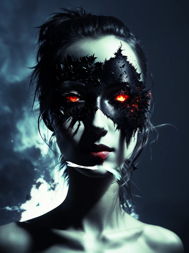 skin from chaos, dark atmosphere, eye explosion inside,