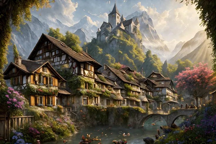 sharp details, a medieval village in switzerland, mess jungle in background, ornate, beautiful, atmosphere, vibe, flowers, concept art illustration, greg rutowski, volumetric lighting, sunbeams, particles, colorful clothes, by Jean-Baptiste Monge, Gilles Beloeil, Tyler Edlin, Marek Okon, Pixar, album art, comic style, golden ratio, perfect composition, a masterpiece, trending on artstation, oversaturated, epic realistic, hdr, intricate details, rutkowski, intricate, cinematic, detailed