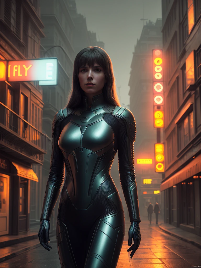 woman at city street by edward hopper, by henri rousseau, by bosch, by klimt, art noveau, highly detailed, strong lights, liminal, eerie, bright pastel colors, octane render, 8k, unreal engine 5, vibrant color scheme, trending on DeviantArt, digital art, trending on artstation, masterpiece, very detailed, ambient lighting, 85mm f/1.4, by David Lachapelle, by Wayne Barlowe, by Bruce Pennington, by Nizovtsev, beautiful lighting, sharp, high contrast, hd, 4k, 8k, professional, award winning, photorealistic, soft shadows, dramatic, film grain, cinematic, dark atmosphere, realistic, photo-realistic, post processed, sci-fi, moody, foggy lighting, cinematic atmosphere, octane render, 8K, intricate details, details, real life, face, body suit