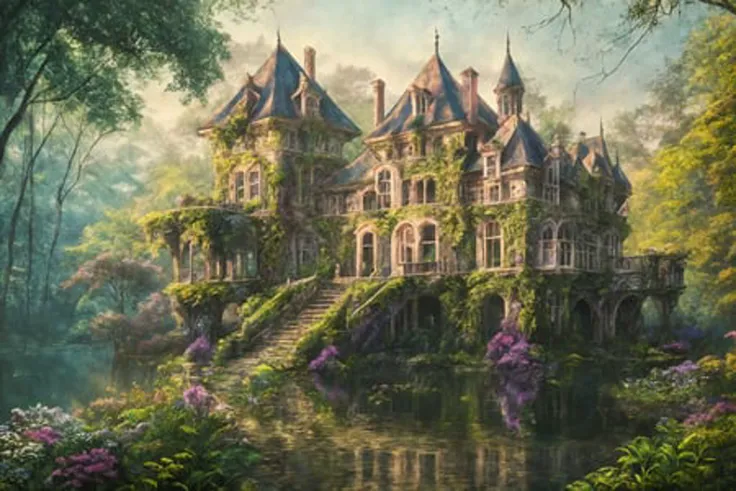 old painting style, abandoned overgrown castle mansion in a forest, oversaturated, princess tower, gazebo, balcony, colorful, highly detailed, high resolution, ray tracing reflections, dramatic lighting, 8k vibrant colors, detailed acrylic, intricate complexity, soft natural volumetric cinematic perfect light, oil painting