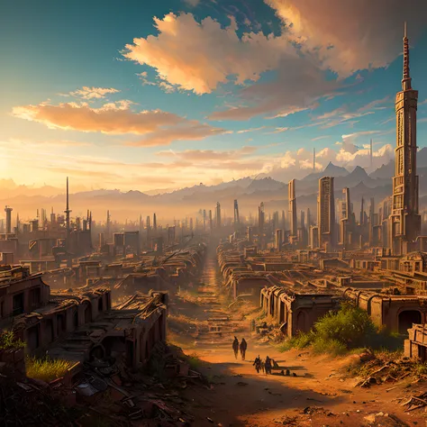 (best quality,masterpeace),(hyperdetailed colourful),
A post-apocalyptic wasteland with ruins of a once-great civilization
,perfect composition, best exposition, (golden ratio:1.2)
, hdr, dramatic,cinematic lighting, trending on artstation,trending on CGSociety, professional oil painting,immense detail,