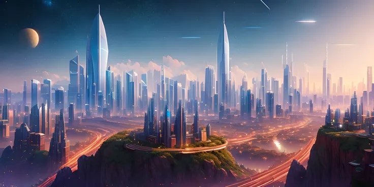a beautiful landscape of an alien planet with a massive highly technological city with tall skyscrapers with a backdrop of stars and planets, digital illustration, (masterpiece), (high quality), best quality, high quality, extremely detailed CG unity 8k wallpaper, award winning photography, Bokeh, Depth of Field, HDR, bloom, Chromatic Aberration ,Photorealistic,extremely detailed, trending on artstation, trending on CGsociety, Intricate, High Detail, dramatic, art by midjourney