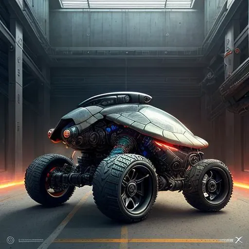 Portrait of a cybernetic turtle on wheels, full body, deadly face with power armor, ultra realistic, concept art, intricate details, eerie, highly detailed, photorealistic, octane render, 8 k, unreal engine. art by artgerm and greg rutkowski,