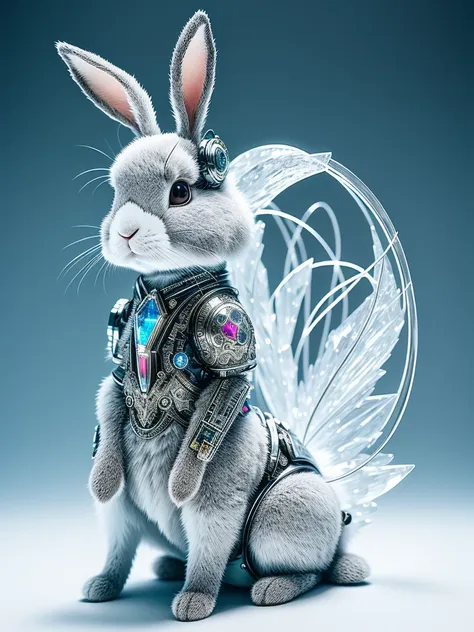 A cute rabbit made of crystal, 4K, (cyborg:1.1), ([tail|detail wire]:1.3), (intricate detail), hdr, (intricate detail, super detail:1.2), cinematography, vignetting, centering