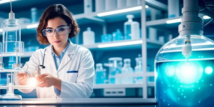 scientist woking in a laboratory, far view, expirement, science, action, unbelievable, hi-tech, intricate details, future, action lights, shades, realistic skin, realistic shades, sci-fi,