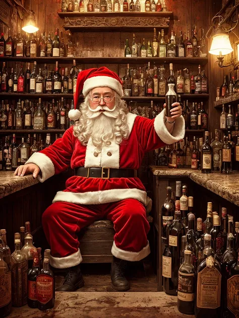 drunk, creepy santa, muddy, crowded bottles bar, intricate details, hdr, intricate details, hyperdetailed, cinematic, dark shot, muted colors, film grainy, soothing tones, muted colors, technicolor