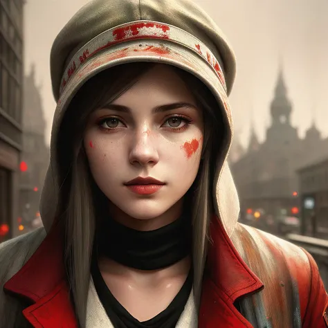 a woman in a red jacket, hat on her head, white, (dark shot:1.17), epic realistic, faded, ((neutral colors)), art, (hdr:1.5), (muted colors:1.2), hyperdetailed, (artstation:1.5), cinematic, warm lights, dramatic light, (intricate details:1.1), complex background, (rutkowski:0.8), (teal and orange:0.4)