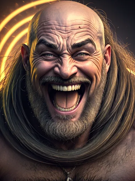 a portrait of a laughing, toxic, muscle, god, elder, (hdr:1.28), bald, hyperdetailed, cinematic, warm lights, intricate details, hyperrealistic, dark radial background, (muted colors:1.38), (neutral colors:1.2)