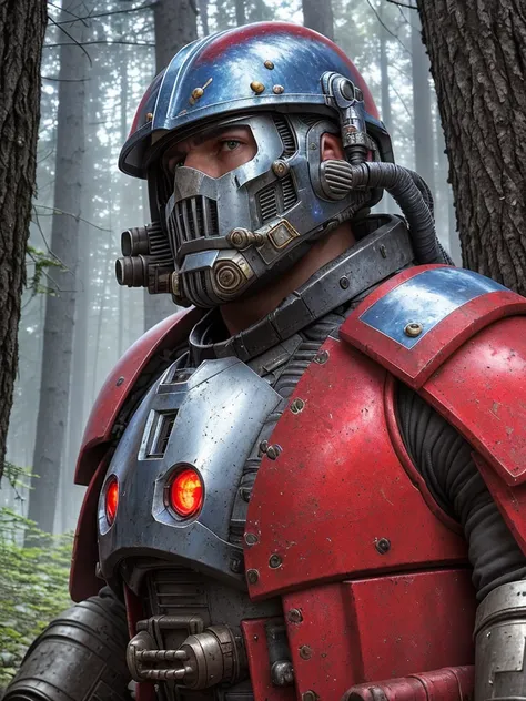 Portrait of a Space Marine man in helmet, in the forest, brutal epic, red and blue heavy armor, detailed, cinematic, power armor, intricate details, eerie, highly detailed, photorealistic, 8k, art by artgerm and greg rutkowski and alphonse mucha, poor quality photo, blurry, reflective metal