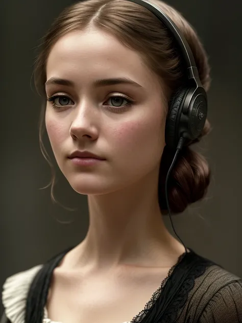 Jane Eyre with headphones, natural skin texture, 24mm, 4k textures, soft cinematic light, adobe lightroom, photolab, hdr, intricate, elegant, highly detailed, sharp focus, ((((cinematic look)))), soothing tones, insane details, intricate details, hyperdetailed, low contrast, soft cinematic light, dim colors, exposure blend, hdr, faded