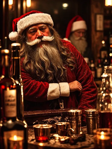 drunk, creepy santa, muddy, crowded bottles bar, intricate details, hdr, intricate details, hyperdetailed, cinematic, dark shot, muted colors, film grainy, (soothing tones), blurry