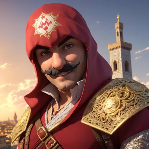 super mario dressed like ezio auditore, smug grin, (flirting with the camera:1.1), florence rooftop, clean shaved with mustache,
quality, extremely detailed CG, unity 8K wallpaper, hyperdetailed, highres, cyber screen frame, absurderes, intricate and refined delicate detailed, cinematic lighting, strong rim light, soft golden color, depth of field
