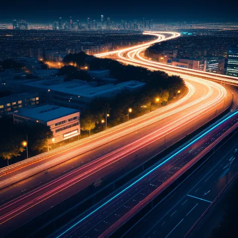 (best quality,masterpeace),(perfect composition), the golden ratio, model shot,immense details,
A nighttime cityscape with neon lights and blurred motion trails from passing cars, captured from a high vantage point,
,hdr ,cinematic, trending on artstation,trending on CGSociety,