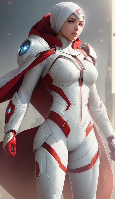 a female superhero and in (white intricate exoskeleton suit), ((nano tech)), that gives her extraordinary powers, ((wearing red hijab)), (hyper detailed), ultra detailed, art by Greg Rutkowski, Artgerm, Alphonse Mucha dynamic lighting hyperdetailed intricately detailed, trending on Artstation triadic colors Unreal Engine 5 , ((volumetric lighting))