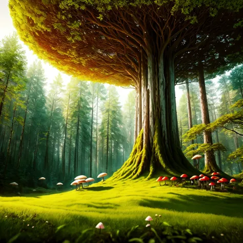 (best quality,masterpeace),(perfect composition), the golden ratio, model shot,(immersive details),
A surreal landscape of a forest with vibrant mushrooms, towering trees, and an otherworldly atmosphere,
,hdr ,cinematic, trending on artstation,trending on CGSociety