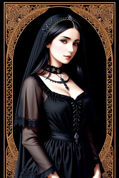 elaborate border, (gothic style), (beautiful dark haired woman wearing dress), illustration, vector, highly detailed, intricate, masterpiece, (good proportions), detailed, 8k,