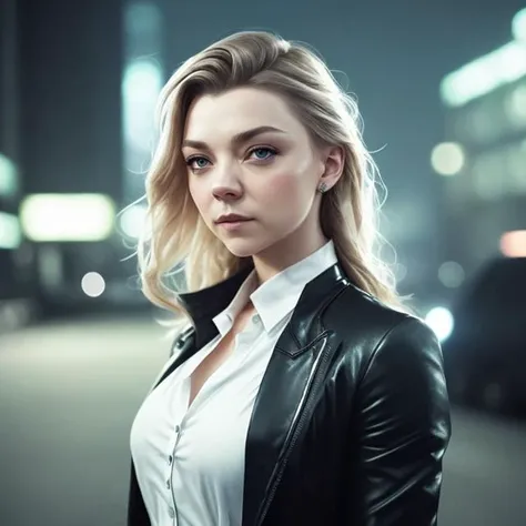 a Natalie Dormer, amazing body, full face, formally dressed, white shirt, outdoor, at night, cyberpunk style