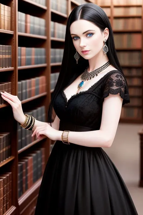 photo of beautiful woman, black hair, (blue eyes), wearing black dress, jewelry, bracelet, ancient library, (pale skin), (full body), detailed, high detail, sharp focus, depth of field, photorealism, raw photo,