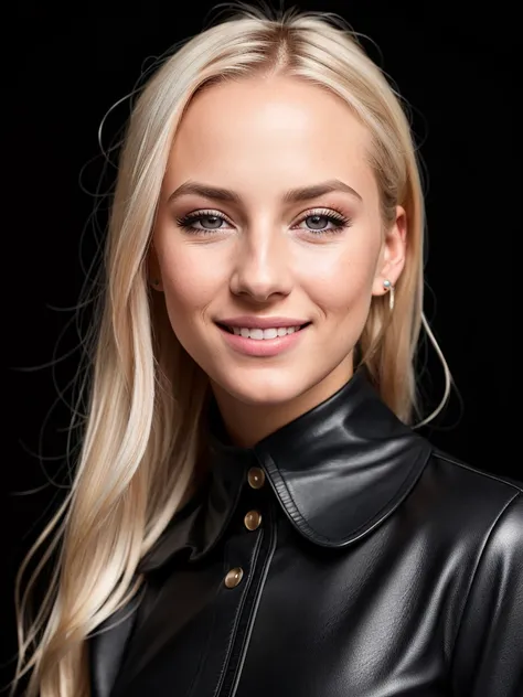 frontal headshot of 25yo european woman, blond hair, smiling, (incredible skin detail:1.4), (natural skin:1.2), (pores:0.6), make up, (detailed iris:1.2), collar, black background, studio, rim light, dark atmosphere, (bokeh:1.2), photograph, cinematic, photorealistic, ultrarealistic <lora:epiNoiseoffset_v2:1> <lora:illuminatiDiffusionV1_v11:1>