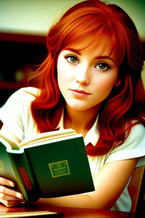 photo of beautiful red haired woman, sitting behind a table, reading book, looking at viewer, detailed, high detail, sharp focus, depth of field, raw photo, 80's style,