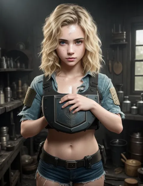 best photo from the exhibition, 35 mm, cell shading,  bloom, dark and gloomy (full body:1.5) 8k , female teen , (holds in his hands a combat shield that is not new:1.4), (natural texture of the skin:1.5), scratches on the skin, abrasions, cuts, wounds,  examines the shield, (blonde hair:1.3), best photo from the exhibition, 35 mm, stunning, highly detailed, 8k highly detailed face, perfect face shapes, full perfect lips, perfect nose, correct beautiful eyes, eyelashes, eyebrows, Blue yonder hair,  at cluttered and messy shack , action shot, tattered torn shirt, porcelain cracked skin, skin pores, detailed intricate iris, very dark lighting, heavy shadows, detailed, detailed face, (vibrant, dramatic, dark, sharp focus, 8k),( background forge:1.3), forge, (smoldering coals:1.1),( more weapons:1.1), (armor scattered:1.1),