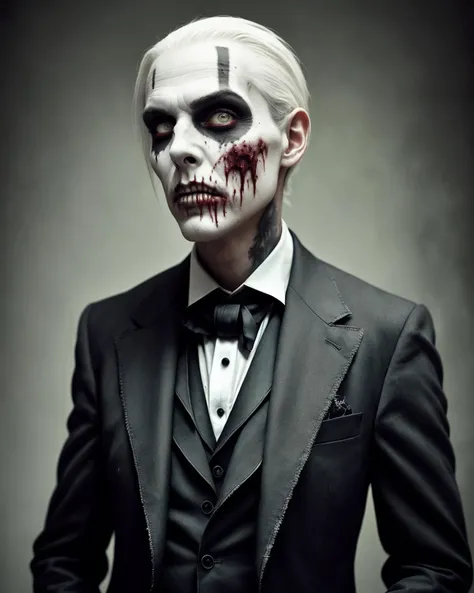 (dynamic pose:1.3), zombie half rotten male undead ghost, dressed in an old suit, art by Annie Leibovitz, full body shot, beautiful bone structure, a character portrait, gothic art, cinematic light, Lightroom, highly detailed, (DOF:1.4)