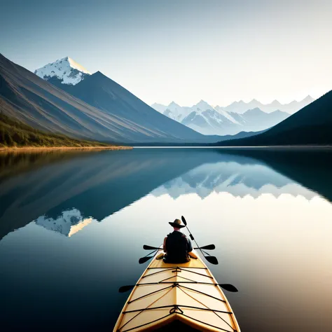 (best quality,masterpeace),(perfect composition), the golden ratio, model shot,
A reflection of a mountain range in a calm lake, with a lone kayaker paddling in the foreground,
,hdr ,cinematic, trending on artstation,trending on CGSociety,immense details,