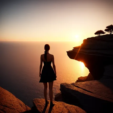 (best quality,masterpeace),(perfect composition), the golden ratio, model shot,(immersive details),
A silhouette shot of a person standing on a cliff, with a dramatic sunset in the background,
,hdr ,cinematic, trending on artstation,trending on CGSociety