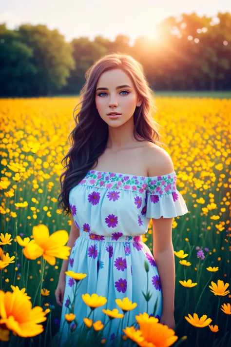 beautiful young woman standing in a field of colourful flowers, summer, beautiful lighting, (photorealistic, sharp focus), ultra detailed, trending on artstation, 8k <lora:epiNoiseoffset_v2:1>