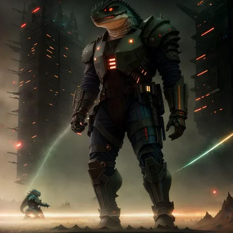 <hypernet:liza:1>photo models (((full-length)))looking at the viewer, in an epic anime pose,[Godzilla:anthropomorphic lizard:10] crocodile with a wide neck, skinny, but muscular, evil,bloodthirsty killer, killer, in power (((cyber punk armor))) golden color, np face predatory grin, dark atmosphere, space, (anime), (illustration), cartoon, detailed, illustration, cartoon, soothing tones, calm colors, slate atmosphere, cinematic, dimmed colors, dark shot, muted colors, film grainy, lut, spooky, (dark shot:1.17), epic realistic, faded, ((neutral colors)), art, (hdr:1.5), (muted colors:1.2), hyperdetailed, (artstation:1.5), cinematic, warm lights, dramatic light, (intricate details:1.1), complex background, (rutkowski:0.8), (teal and orange:0.4)