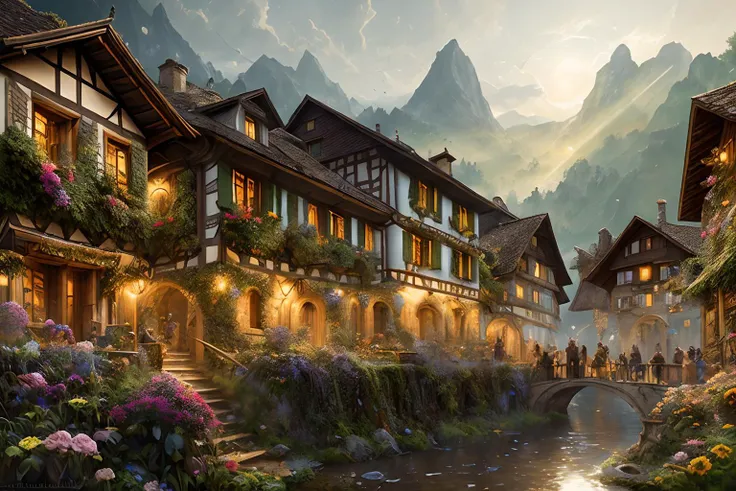 sharp details, a medieval village in switzerland, mess jungle in background, ornate, beautiful, atmosphere, vibe, flowers, concept art illustration, greg rutowski, volumetric lighting, sunbeams, particles, colorful clothes, by Jean-Baptiste Monge, Gilles Beloeil, Tyler Edlin, Marek Okon, Pixar, album art, comic style, golden ratio, perfect composition, a masterpiece, trending on artstation, oversaturated, epic realistic, hdr, intricate details, rutkowski, intricate, cinematic, detailed