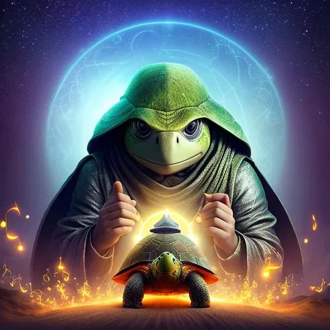 The turtle a prophet brings forth the glow of salvation parting a see of Rahman noodles clocked in the veils of a reality without sound or reason where music lifts us up fueling glories battle
