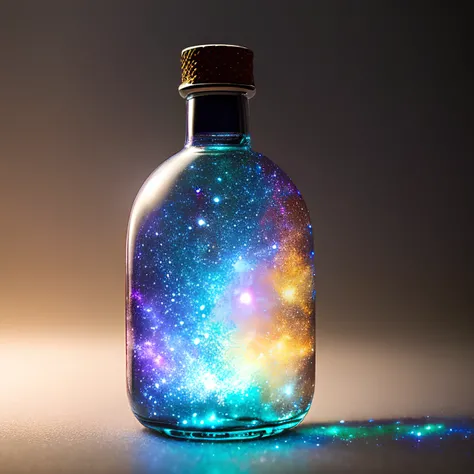 (galaxy in bottle:1.2), one empty bottle on table, gray wall on background, (yellow light on background:0.6), low angle, (intricate details:1.22), hdr, (intricate details, hyperdetailed:1.2), whole body, cinematic, intense, cinematic composition, cinematic lighting, (rim lighting:1.3), color grading, focused,
