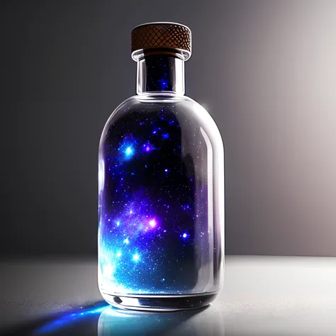 galaxy in bottle, one bottle on table, gray wall on background, (intricate details:1.22), hdr, (intricate details, hyperdetailed:1.2), whole body, cinematic, intense, cinematic composition, cinematic lighting, (rim lighting:1.3), color grading, focused,