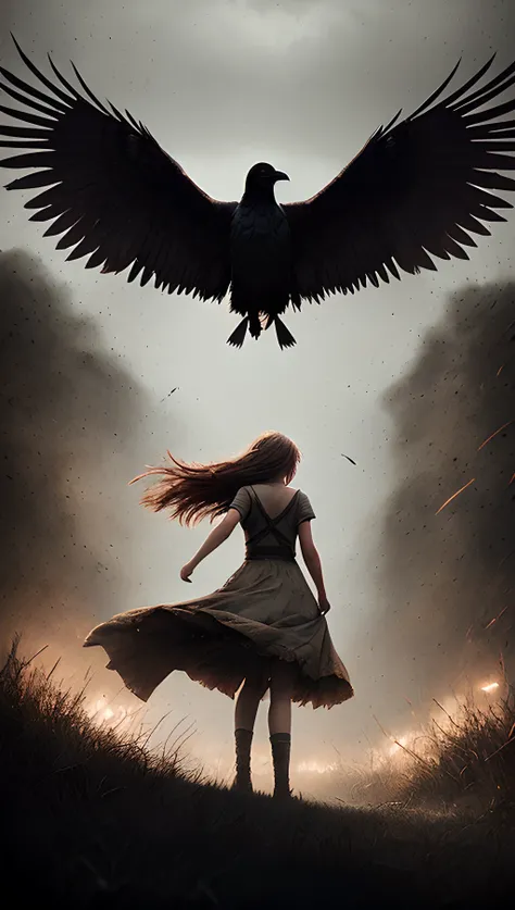 a girl, flying on the wings of a raven, (dark shot:1.17), epic realistic, faded, ((neutral colors)), art, (hdr:1.5), (muted colors:1.2), hyperdetailed, (artstation:1.5), cinematic, warm lights, dramatic light, (intricate details:1.1), complex background, (rutkowski:0.8), (teal and orange:0.4)