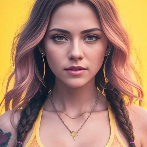 (high-detail image:1.2),raw photo, realistic photo,a woman in a white top and pink shorts is standing next to a bike with a yellow background and, by Quentin Tarantino, 1girl, bracelet, brown_hair, jewelry, nipples visible, letterboxed, lips, long_hair, makeup, medium_breasts, midriff, nail_polish, navel, necklace, nose, orange_sky, pink_shorts, realistic, shorts, solo, sun, sunset, tattoo,wristband, yellow_background, yellow_sky, beautiful detailed glow, detailed, Cinematic light, intricate detail, highres, detailed facial features, high detail, sharp focus, smooth, aesthetic, extremely detailed, stamp, octane render,8k uhd, SLR camera, film grain
