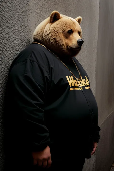 1/4 profile portrait photo of an (obese:1.2) [man:bear:1] humanoid wearing wasteland clothes, gold chain, leaning against the wall, (dark and moody light:1)  <lora:epiNoiseoffset_v2:1>