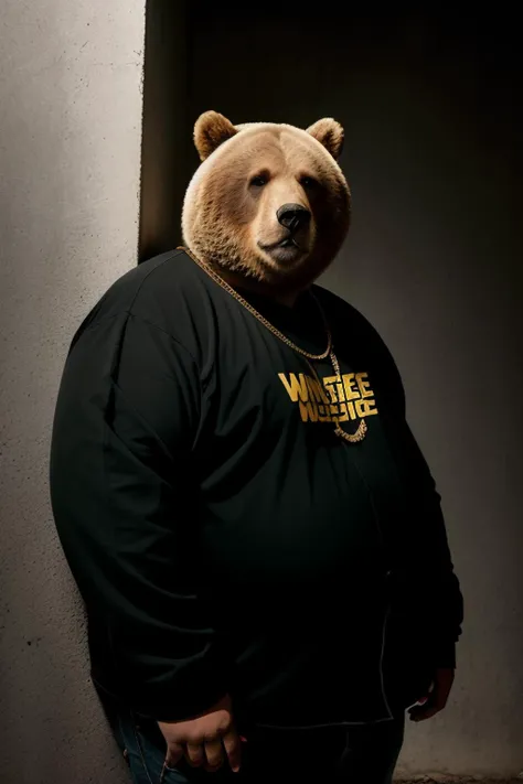 1/4 profile portrait photo of an (obese:1.2) [man:bear:1] humanoid wearing wasteland clothes, gold chain, (leaning against the wall), (dark and moody light:1)  <lora:epiNoiseoffset_v2:1>