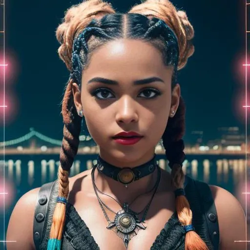 (high-detail image:1.2),raw photo, realistic photo,a girl is standing by the river,1girl,lipstick,neon lights,dreadlocks and pigtails,night,moon in the sky,outstretched arm,steampunk,Looking at Viewer,comic,detailed,Cinematic light, intricate detail, highres, detailed facial features, high detail, sharp focus, smooth, aesthetic, extremely detailed, stamp, octane render,8k uhd, SLR camera, film grain