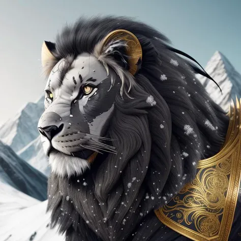 snowy mountains, (black lion:1.2), (golden lion armor:1.1), incredible detail, highly detailed, composition, ultra-detailed, film photography, light leaks, trending on artstation, sharp focus, studio photo, intricate details, highly detailed, trending on artstation, sharp focus, studio photo, intricate details, highly detailed,