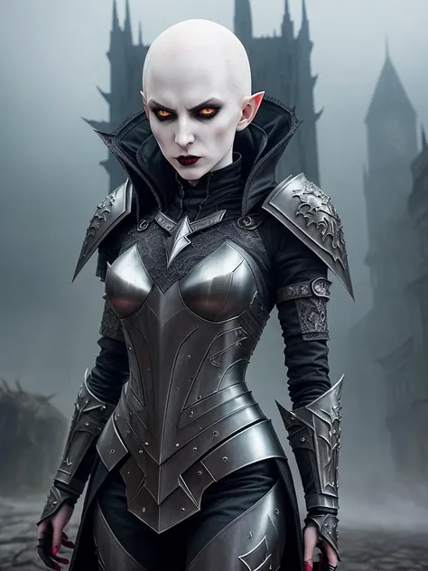 a pale skin female nosferatu in steel gothic lace armor, (high detailed angry face:1.3), looking at viewer, feminine feature, dark epic background, gorgeous lifelike, the full and whole body, full length shot, hyper details, lighting art, cinematic, insane details, intricate details, hyperdetailed, (foggy backgroundpronounced:1.2), goth, fractal, dark shot