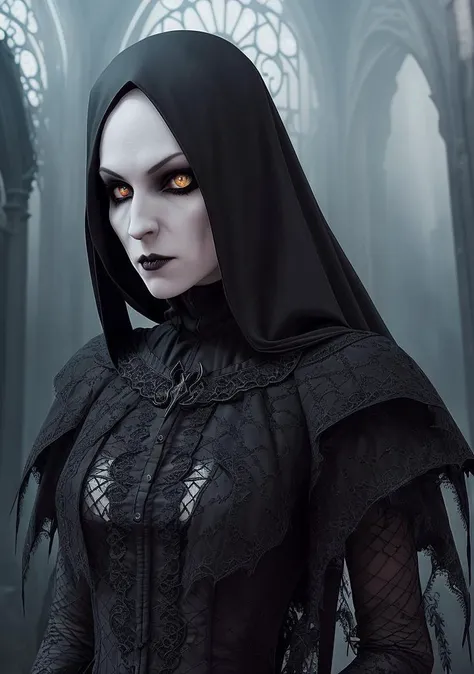 a pale (angry:1.3) female nosferatu in black gothic lace mantle, (detailed darkest eyes:1.4), show fangs, pronounced feminine feature, ultra wide angle, in focus, dark epic background, gorgeous lifelike, the full and whole body, full length shot, hyper details, lighting art, cinematic, insane details, intricate details, hyperdetailed, goth, fractal, dark shot