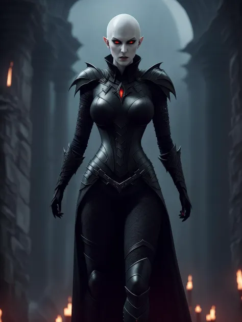 a pale skin angry sexy female nosferatu in black lace armor, ultra wide angle, in focus, dark epic background, gorgeous lifelike, the full and whole body, full length shot, hyper details, lighting art, cinematic, insane details, intricate details, hyperdetailed,hdr goth, fractal, dark shot