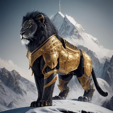 snowy mountains, (black lion in golden armor:1.1), (the whole body in the frame:1.1), in full growth, incredible detail, highly detailed, composition, ultra-detailed, film photography, light leaks, trending on artstation, sharp focus, studio photo, intricate details, highly detailed, trending on artstation, sharp focus, studio photo, intricate details, highly detailed,