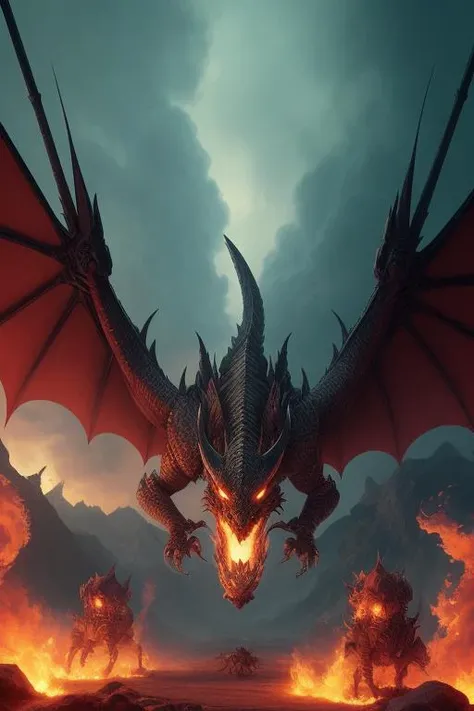 demon dragon above skeleton army, dragon breathes fire Skeletons attacking, dragon glowing red eyes on fire, dragon covered with lava dramatic lighting, soothing tones, depth of field, soft lighting, low chromatic aberration, absurdres, best quality, detailed eyes, masterpiece, intricate, tone mapped, highly detailed, artstation, concept art, smooth, sharp focus, cinematic, hyper realistic, trending on Artstation, incredible shadows, realistic, (highly detailed background:1.0), (photo:1.1), dreamy