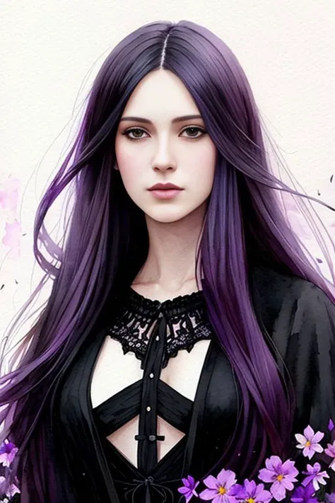 watercolor portrait painting of violet haired woman, straight hair, long hair, black dress, (gothic), flower petals, full body, detailed, by greg rutkowski,