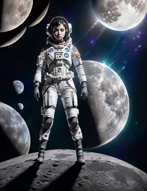 (full body:1.1), (view from afar:1.3), girl dressed in a NASA space suit, (thick makeup:1.2), (intricate details:1.3), highly detailed face, detailed symmetrical eyes, open mouth, (stands on the surface of the moon:1.2), (in the background is the planet Earth:1.3)
(epic realistic, rutkowski, hdr, intricate details, hyperdetailed, cinematic, rim light, muted colors:1.2)