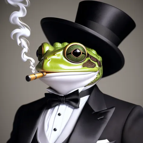 ((best quality)), ((masterpiece)), ((realistic)), (detailed), high quality, highres, absurdres, A frog in a tuxedo with a top hat smoking a pipe