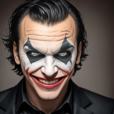 high quality, highres, absurdres, joker, blurry background, angry, evil smile, evil grin, close-up, 1boy, black_eyes, blurry, blurry_background, blurry_foreground, depth_of_field, facial_hair, looking_at_viewer, male_focus, realistic, solo, tile_floor, tiles