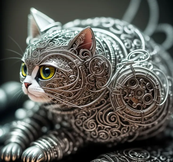 a cute kitten made out of metal, (cyborg:1.1), ([tail | detailed wire]:1.3), (intricate details), hdr, (intricate details, hyperdetailed:1.2), cinematic shot, vignette, centered, ((intricate details)), hdr, ((intricate details, hyperdetailed))